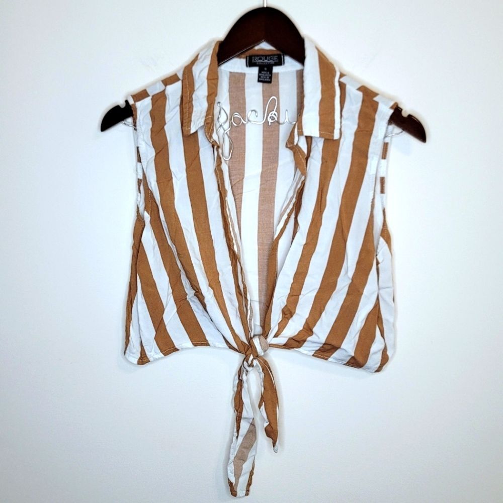 Rouge Collection Brown White Striped Front Tie Open Sleeveless Crop Top Size 1X